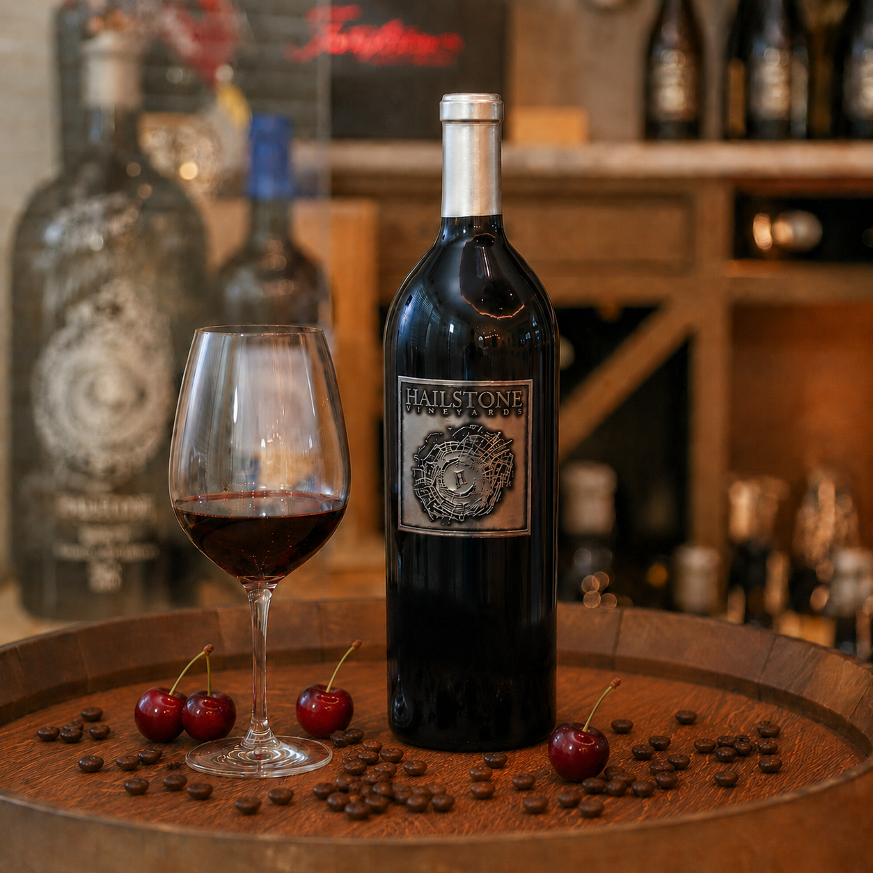 A bottle of Hailstone red wine stands on a wooden barrel next to a filled wine glass, with scattered cherries and coffee beans in the foreground and a blurred wine cellar background.
